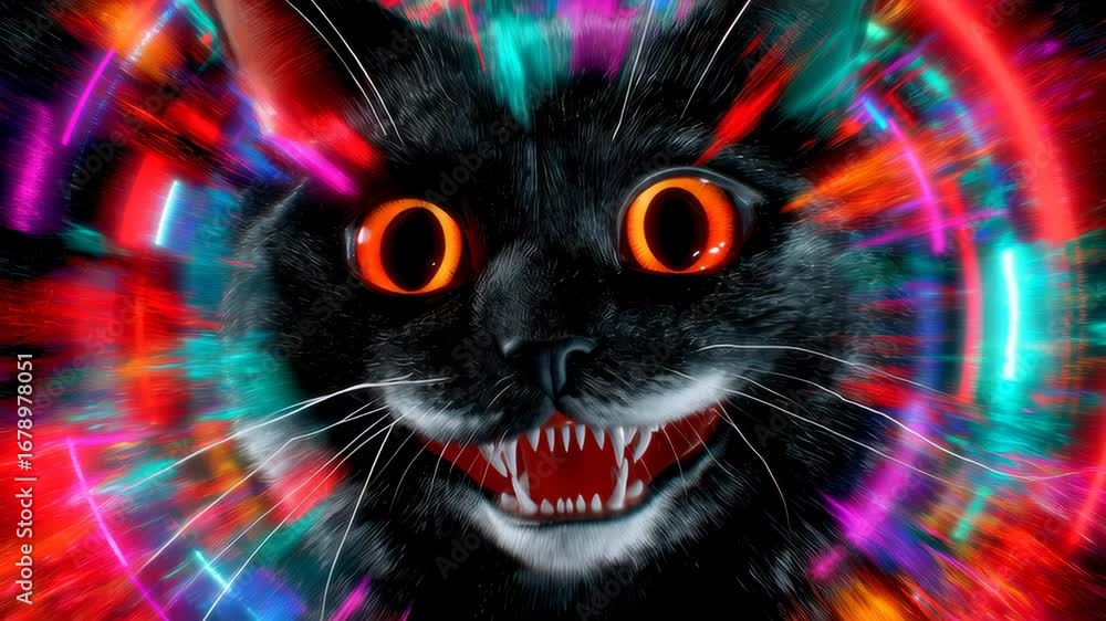 Aufkleber surreal animation of a black cat with glowing orange eyes surrounded by vibrant light streaks in a d