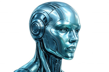 Chrome robotic head illustrating artificial intelligence, with transparent background for easy integration into projects