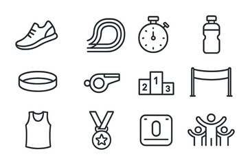 Running Race Icons. Outline icon set of Running races: running shoes, track lines, stopwatch, water bottle,