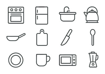 Kitchen Icon Set. Outline icon set of Kitchen interior: stove, fridge, sink, kettle, pan, cutting board, knife