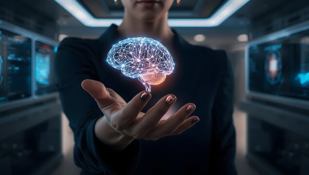 Woman Holding Glowing Digital Brain – Futuristic Sci-Fi Innovation.