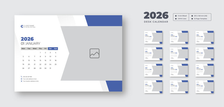 Desk calendar 2026 | Monthly planner with Monday start | Printable 12-page vector layout for student or office use