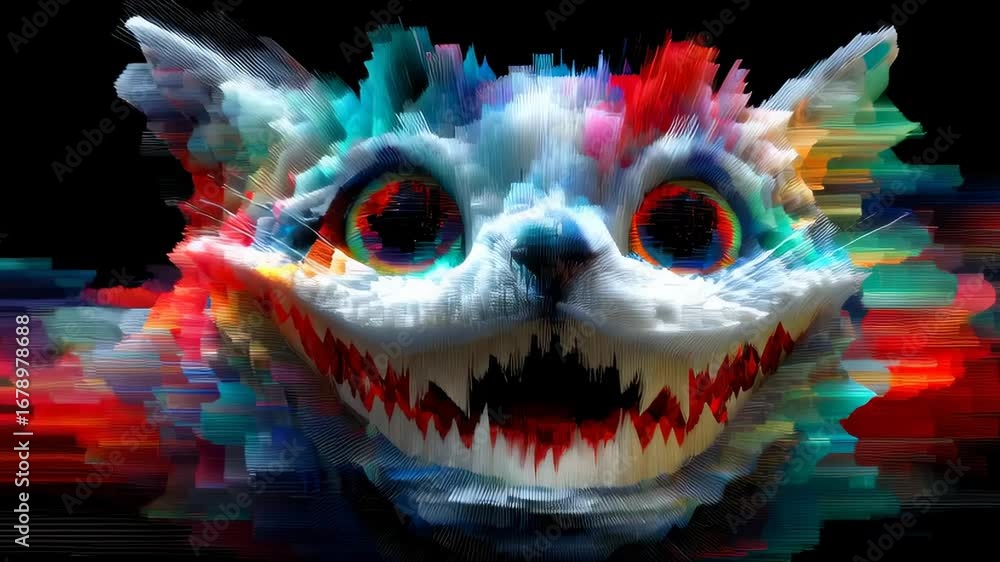 Aufkleber Vibrant Abstract Cat Face Animation with Glitchy Textures in Colorful and Surreal Design.Seamless animation loop concept