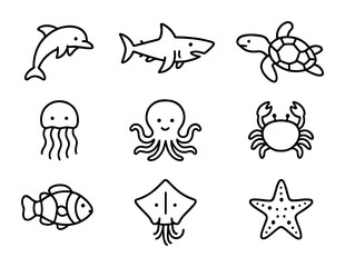 Fototapeta premium Ocean Wildlife Icons. Outline icon set of Ocean wildlife: dolphin, shark, whale, turtle, jellyfish, octopus,