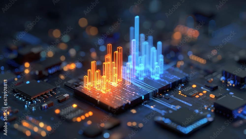Fototapete futuristic 3d rendering of a glowing city on a computer motherboard representing big data and techno