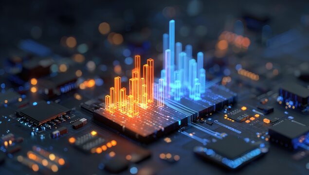 Futuristic 3D rendering of a glowing city on a computer motherboard representing big data and technology.