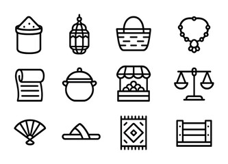 Middle Eastern Market Icons. Outline icon set of Middle Eastern markets: spice jar, hanging lantern, basket,
