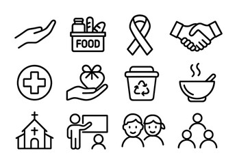 Volunteer Icons Grid. Outline icon set of Volunteer work seniors: helping hands, food donation box, charity