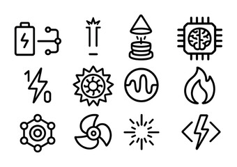 Energy Alchemy Icons. Outline icon set of Energy alchemy: circuit battery, glowing capacitor, hologram coil,