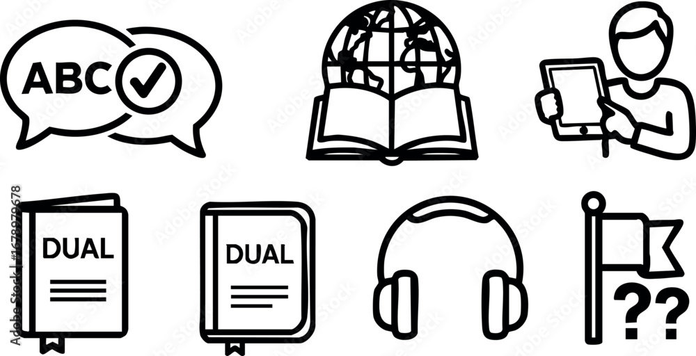 Poster education and learning icons set with speech bubble, globe book, tablet, and question flag for teach