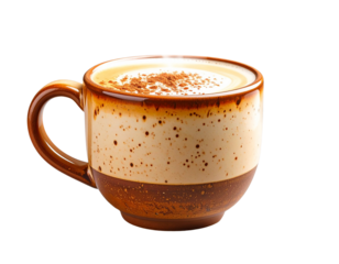 Side View of Chai Tea Latte in Rustic Ceramic Mug with Visible Steam, Transparent Background PNG