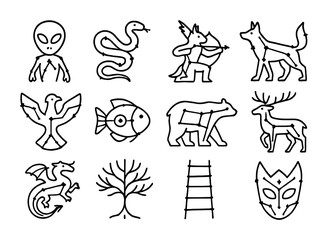 Fototapeta premium Folklore Constellation Icons. Outline icon set of Folklore constellations: alien constellation, stellar