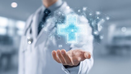 Doctor Holding Glowing Medical Cross - Healthcare Technology Innovation.