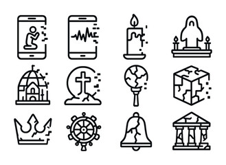 Digital Ritual Icon Set. Outline icon set of Broken digital rituals: fragmented prayer screen, corrupted