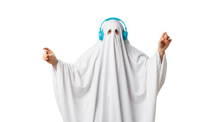 Person in ghost costume with headphones dancing isolated on transparent background