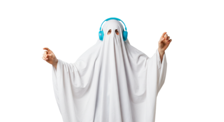 Person in ghost costume with headphones dancing isolated on transparent background