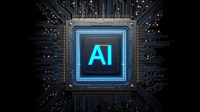 This visual representation showcases a detailed neurochip that signifies advancements in digital technology. The central AI symbol highlights its role in powering intelligent systems and applications.