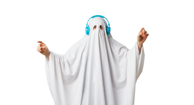 Person in ghost costume with headphones dancing isolated on transparent background