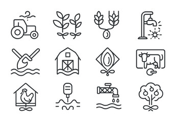 Quantum Farming Icons. Outline icon set of Quantum farming: probability tractor, superposition crops,
