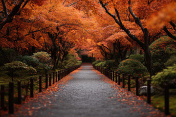 Fototapeta premium Autumn leaves falling japan nature scene color contrast tranquil pathway seasonal beauty