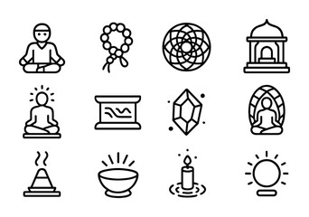 Quantum Spirituality Icons. Outline icon set of Quantum spirituality: meditation villager, entangled prayer