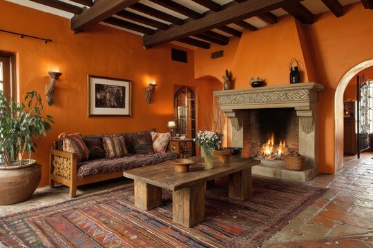 Spanish Style Home Interior. Designer Living Room with Fireplace, Wooden Table, and Plush Couch