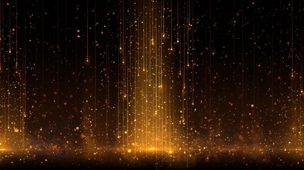 Glistening gold particles raining down with a bright golden glow against a dark backdrop