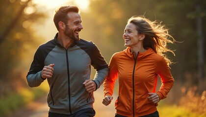 Couple runs happily in nature park during sunny morning. Man, woman jog side by side on path. Healthy lifestyle, outdoor recreation, fitness activity. Couple smiles, enjoys romantic sport moment