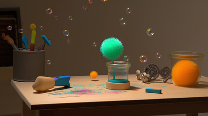 Whimsical Floating Tools and Gears Fantasy Workshop, Capturing Levity and Laughter Trend, Playful Invention Scene with Warm Studio Lighting