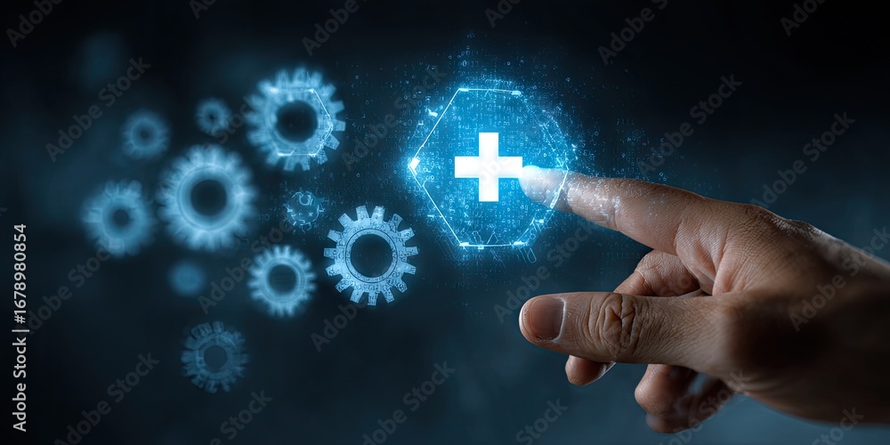 Poster hand touching a glowing plus sign representing added value and positive development in technology an