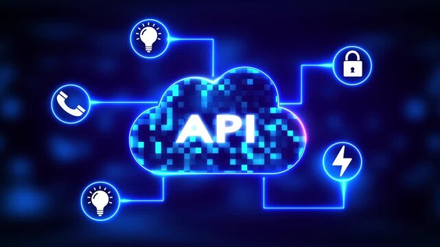 "API Cloud Integration Animation Showing Digital Connectivity, Innovation, Power Flow, Communication Channels, and Cybersecurity in a Virtual Pixel Environment"