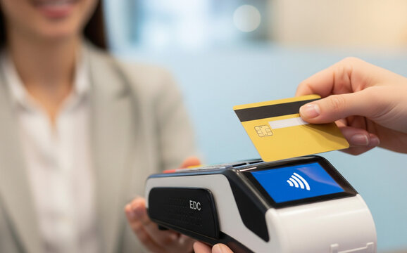 Someone holds a gold card for payment through EDC machine.