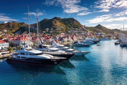 St Barth. Luxury Yachts in Gustavia Harbor, West Indies, Caribbean Summer Cruise - Powered by Adobe
