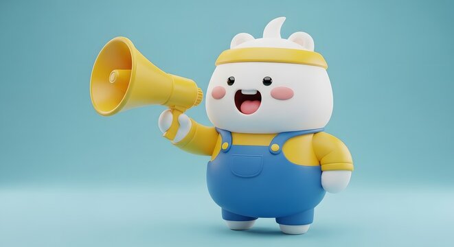 Cute 3D cartoon character in blue overalls holding a bright yellow megaphone, cheerfully making an important announcement.