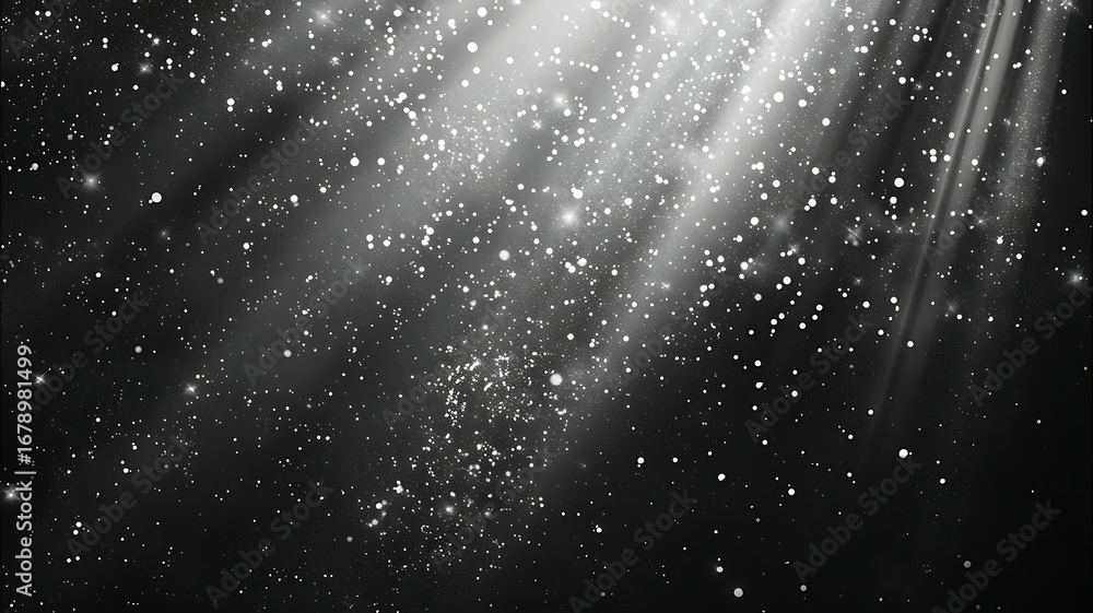 Poster spotlight shines on a cascade of sparkling particles creating a magical atmosphere on a dark backdro