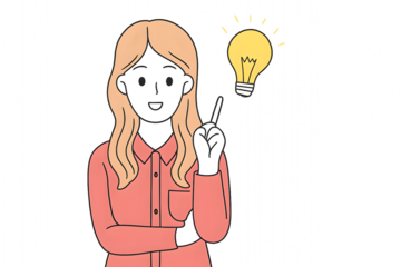 Woman with blonde hair pointing at a glowing light bulb idea thinking