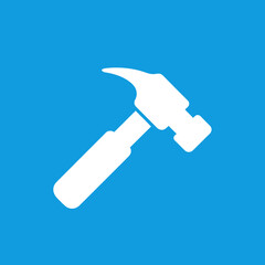 Clean and modern white hammer icon on a bright blue background, perfect for construction, repair, or DIY project interfaces and general utility signage