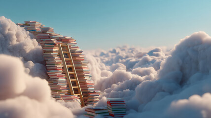 Stack of books forming stairs to the clouds with a wooden ladder depicting knowledge and ascension.