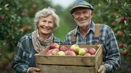Senior couple harvesting apples in lush orchard during autumn season