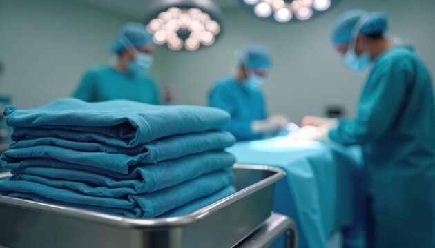 Neatly folded stack of sterile blue surgical drapes sits in stainless steel tray within modern operating room. Medical professionals in uniform prepare for procedure. Focus on cleanliness, safety,