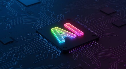 AI text illuminated in vibrant colors on a circuit board background