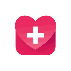 Modern pink heart with a white plus cross symbol, representing healthcare, love, and wellness. Sleek and simple vector icon for medical apps or charity logos