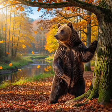 Brown Bear in Vibrant Autumn Forest