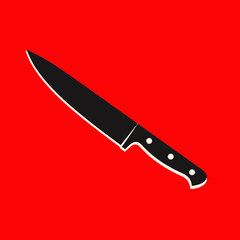 A minimalist black silhouette of a chef's knife isolated on a bold red background. This sharp vector icon is perfect for culinary, cooking, and kitchen themes