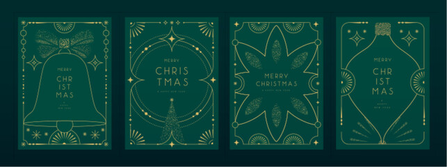 Set of modern Christmas frames or holiday greeting cards on emerald green background. Line art vector illustration