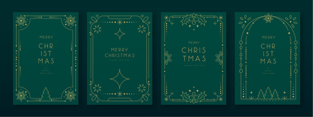 Set of modern Christmas frames or holiday greeting cards on emerald green background. Line art vector illustration