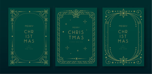 Set of modern Christmas frames or holiday greeting cards on emerald green background. Line art vector illustration