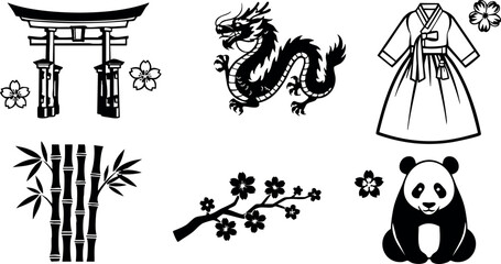 Fototapeta premium Asian culture symbols vector set with dragon panda torii kimono bamboo and cherry blossom icons