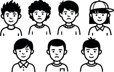 Boys with different hairstyles and expressions vector line art icons collection of diverse young male avatars