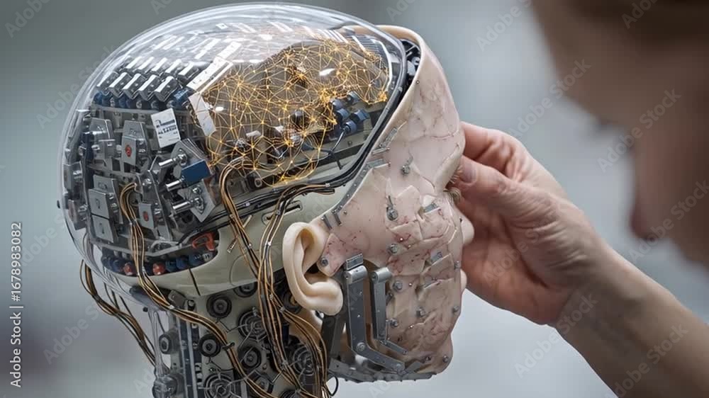 Poster a humanoid robot head is being fine-tuned in a high-tech workshop. the intricate design showcases ad